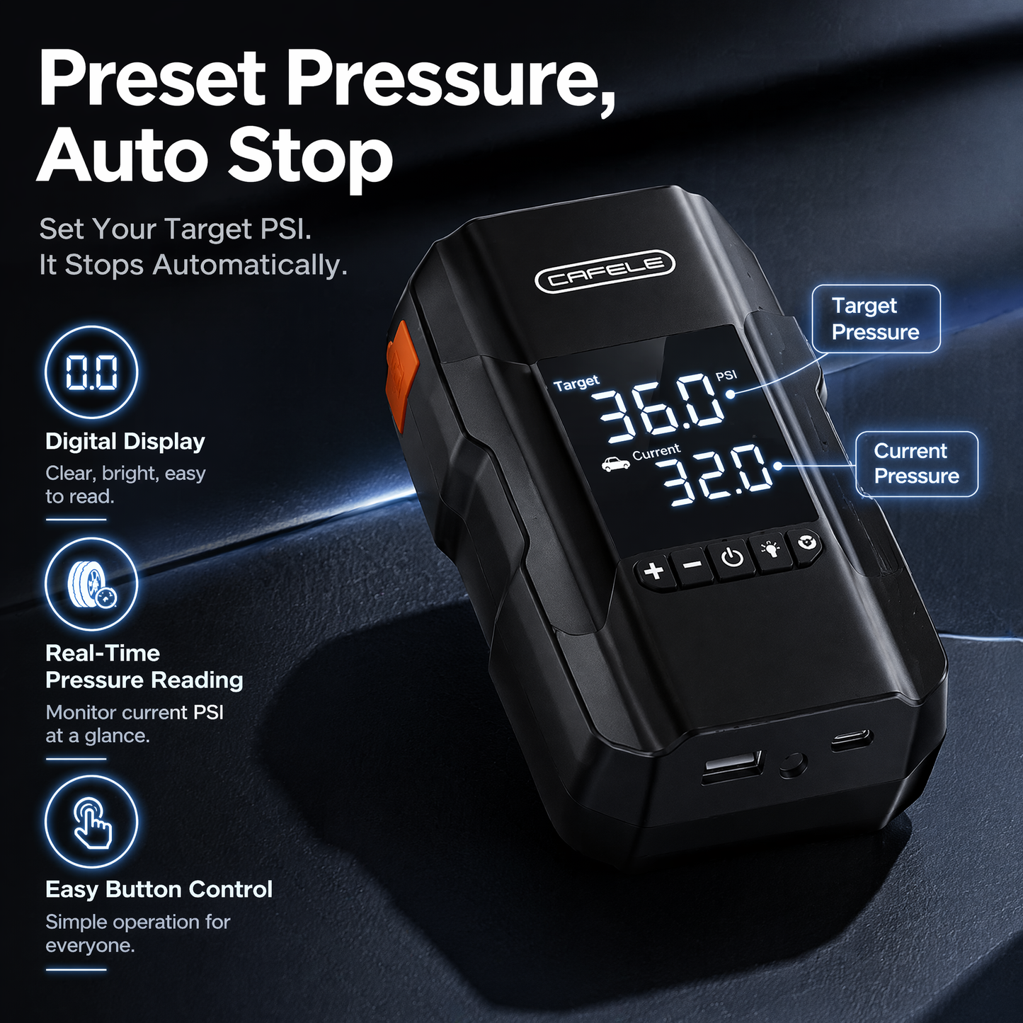 Portable Smart Tire Inflator with Emergency LED Light & USB Power – Multi-Function Air Compressor for Car, Motorcycle, & Bicycle Emergency Use