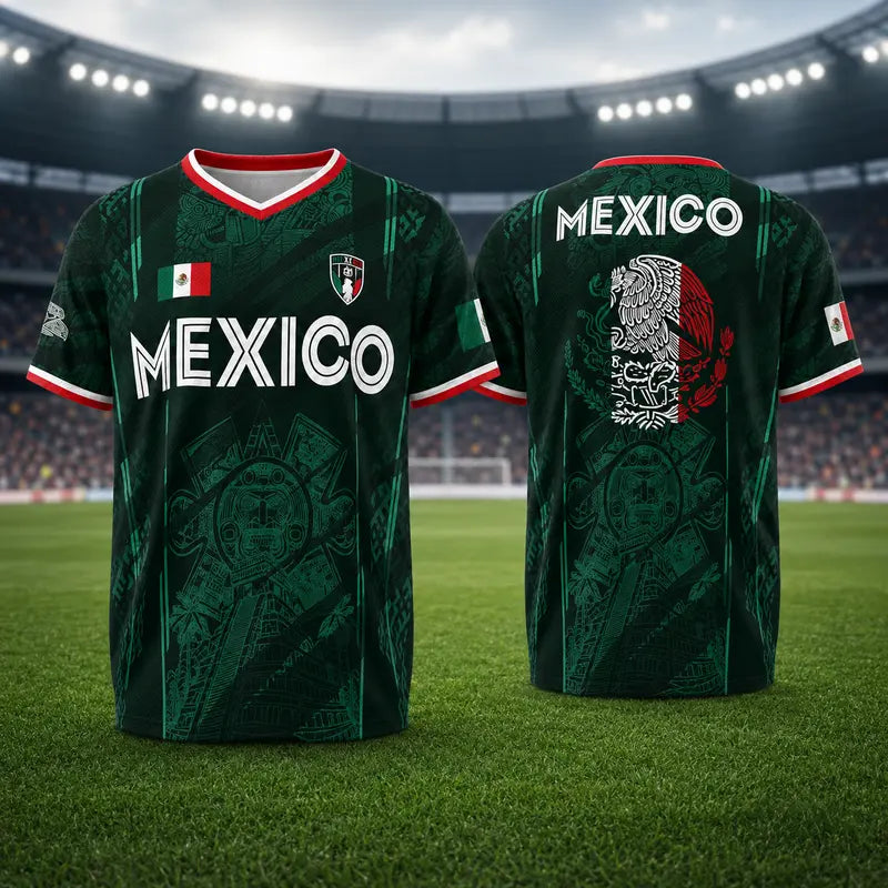 2026 Mexico Soccer Jersey – Chichén Itzá Pyramid Graphic Retro Top – All-Over Print Casual Sportswear for All Seasons