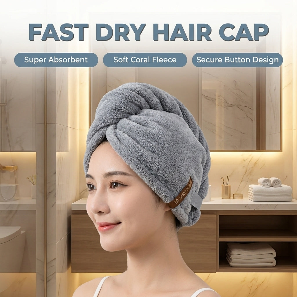 Ultra-Soft Microfiber Hair Drying Towel Wrap | Super Absorbent Anti-Frizz Turban with Secure Button | Quick-Dry Antibacterial Hair Cap
