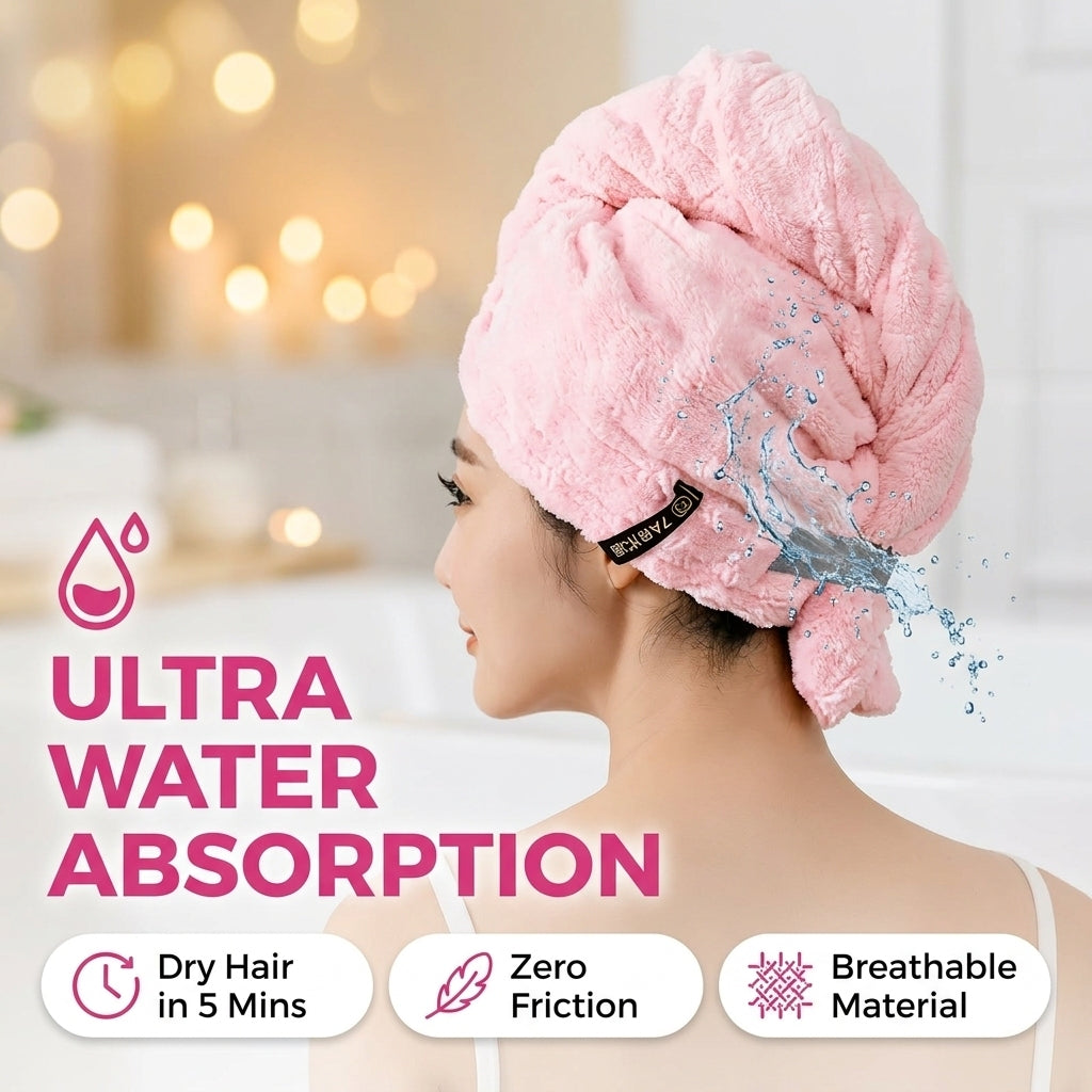 Ultra-Soft Microfiber Hair Drying Towel Wrap | Super Absorbent Anti-Frizz Turban with Secure Button | Quick-Dry Antibacterial Hair Cap