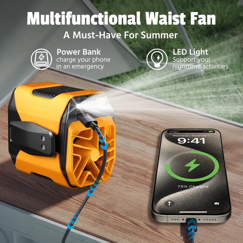 Portable Rechargeable Waist Clip Fan with 5000mAh Power Bank & LED Light