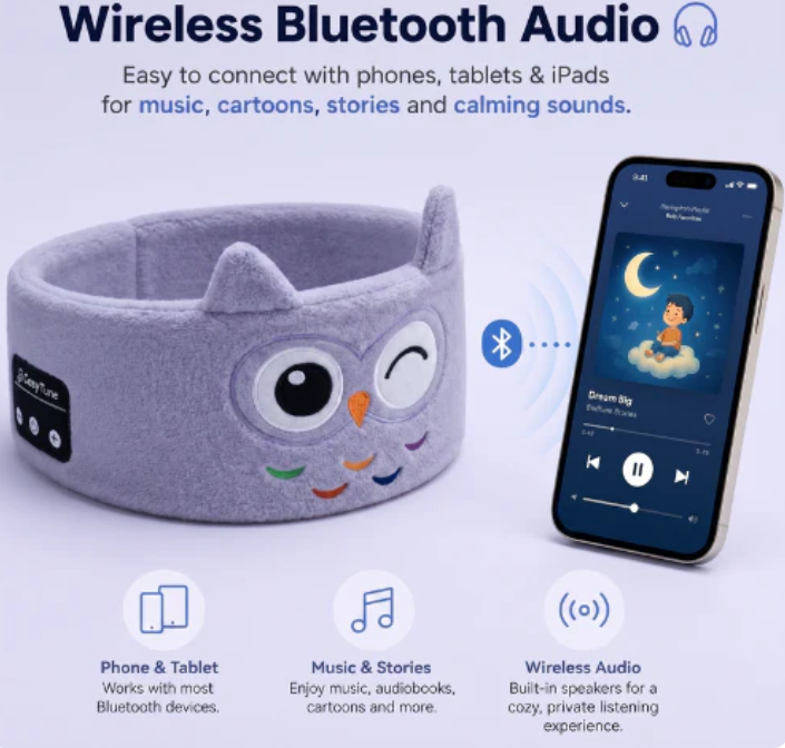 Children’s Plush Bluetooth Sleep Headband – Ultra-Soft Wireless Audio Mask for Bedtime, Travel, and Soothing Sound – Adorable Animal Designs