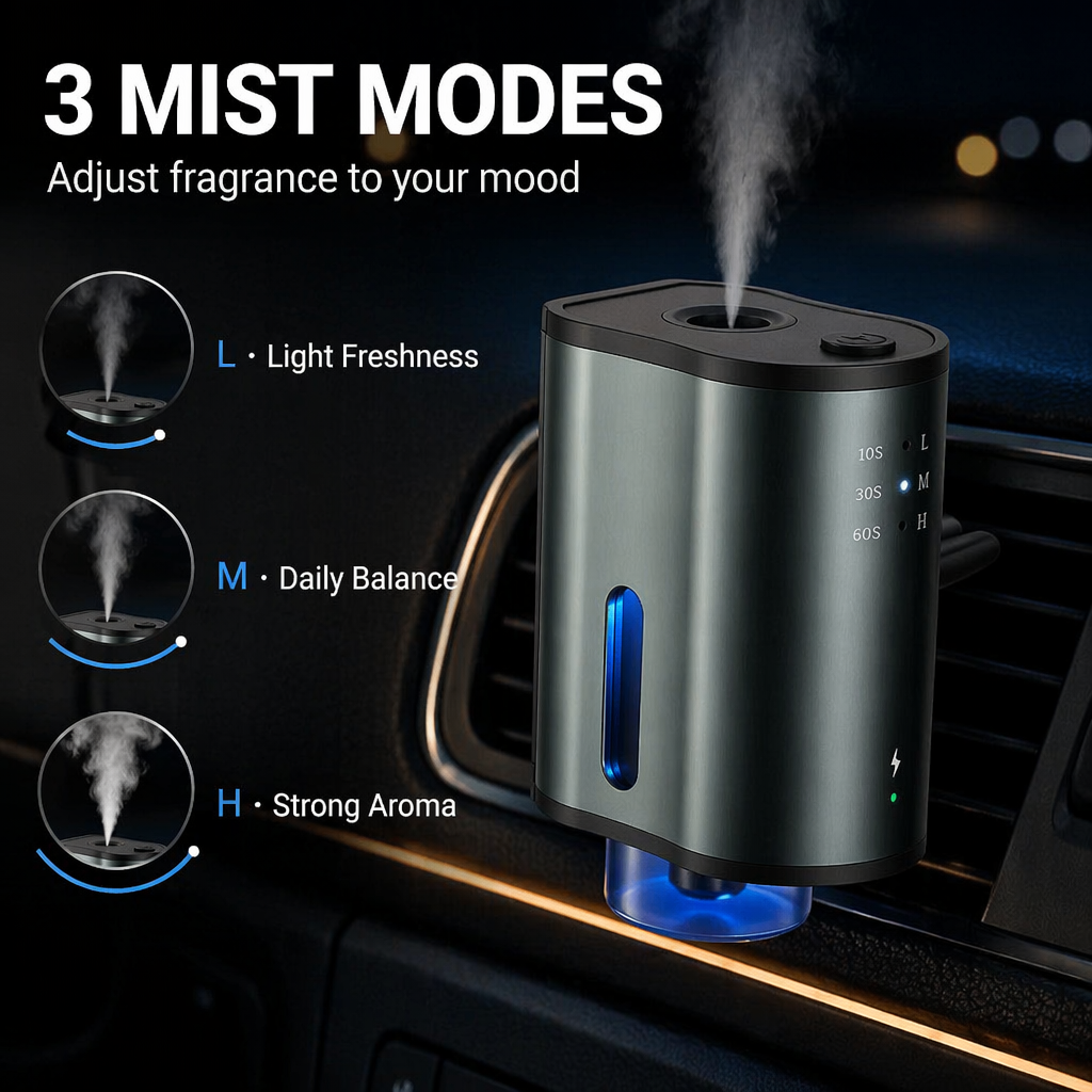 Smart Car Air Freshener & Essential Oil Diffuser | Rechargeable Auto Vent Clip Aromatherapy with 3 Adjustable Modes