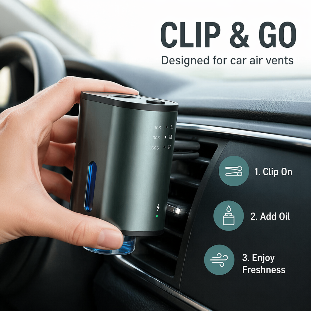 Smart Car Air Freshener & Essential Oil Diffuser | Rechargeable Auto Vent Clip Aromatherapy with 3 Adjustable Modes
