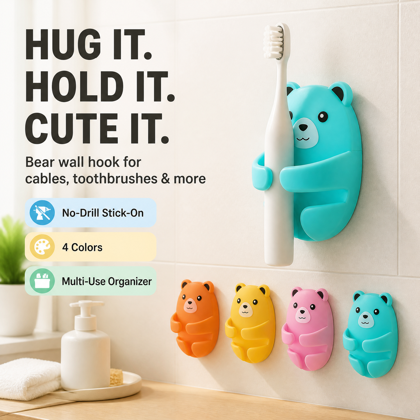 4-Piece Bear-Shaped Wall-Mounted Plug Hooks – Multipurpose Adhesive Cable Organizers for Home, Kitchen, Office & Bathroom – No-Drill Space-Saving Hangers