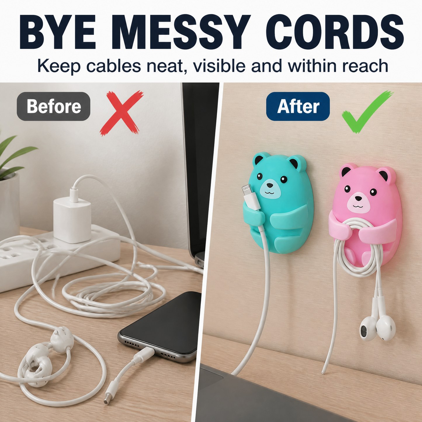 4-Piece Bear-Shaped Wall-Mounted Plug Hooks – Multipurpose Adhesive Cable Organizers for Home, Kitchen, Office & Bathroom – No-Drill Space-Saving Hangers