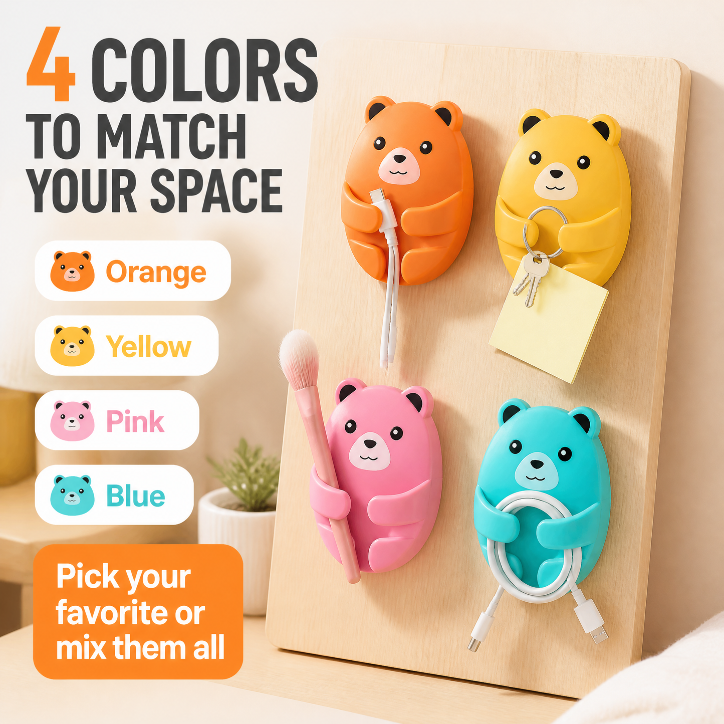 4-Piece Bear-Shaped Wall-Mounted Plug Hooks – Multipurpose Adhesive Cable Organizers for Home, Kitchen, Office & Bathroom – No-Drill Space-Saving Hangers