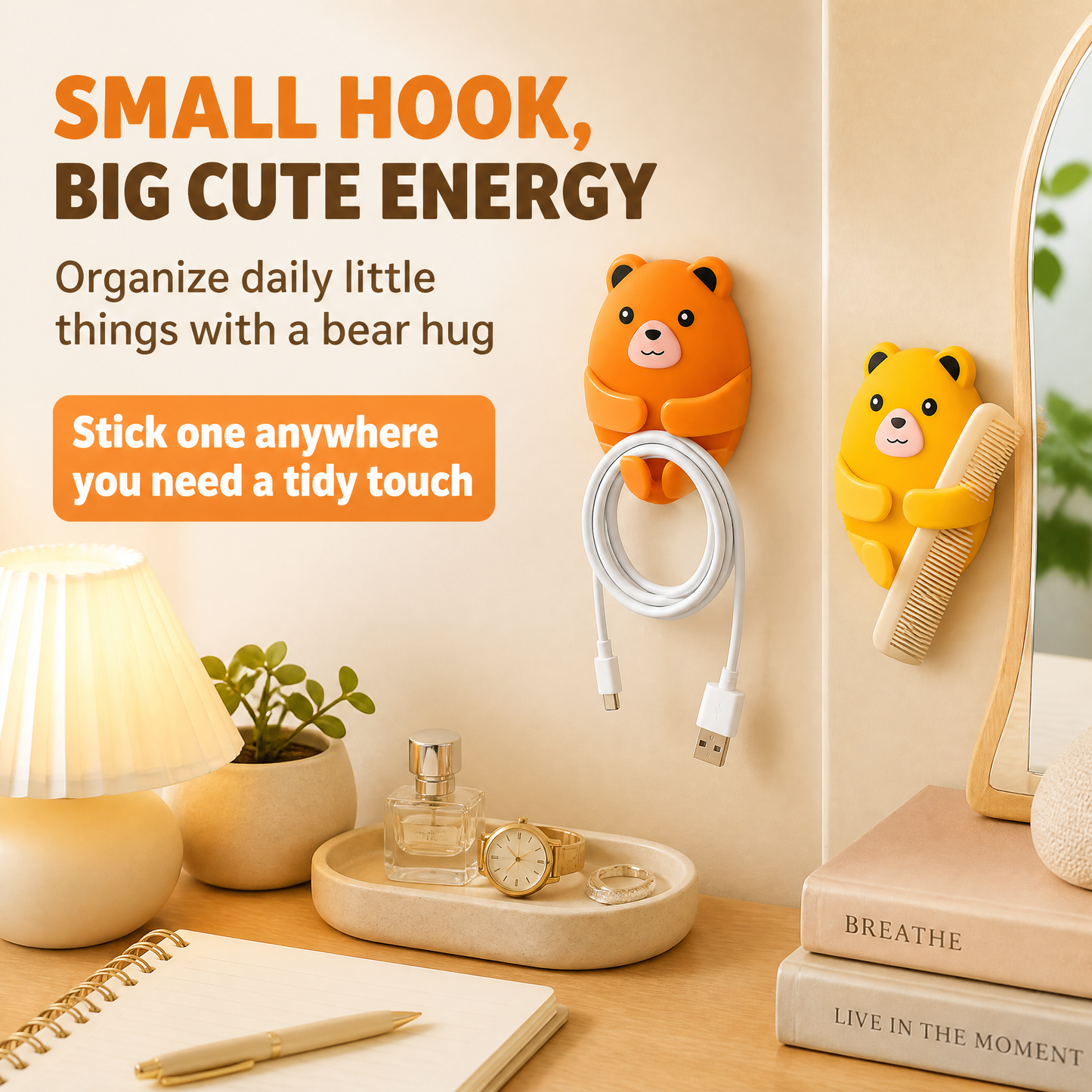 4-Piece Bear-Shaped Wall-Mounted Plug Hooks – Multipurpose Adhesive Cable Organizers for Home, Kitchen, Office & Bathroom – No-Drill Space-Saving Hangers