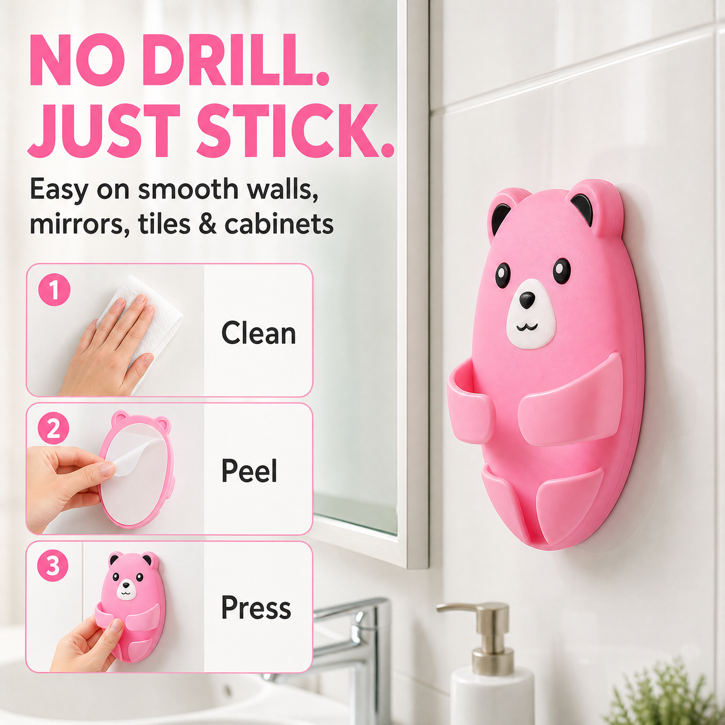 4-Piece Bear-Shaped Wall-Mounted Plug Hooks – Multipurpose Adhesive Cable Organizers for Home, Kitchen, Office & Bathroom – No-Drill Space-Saving Hangers