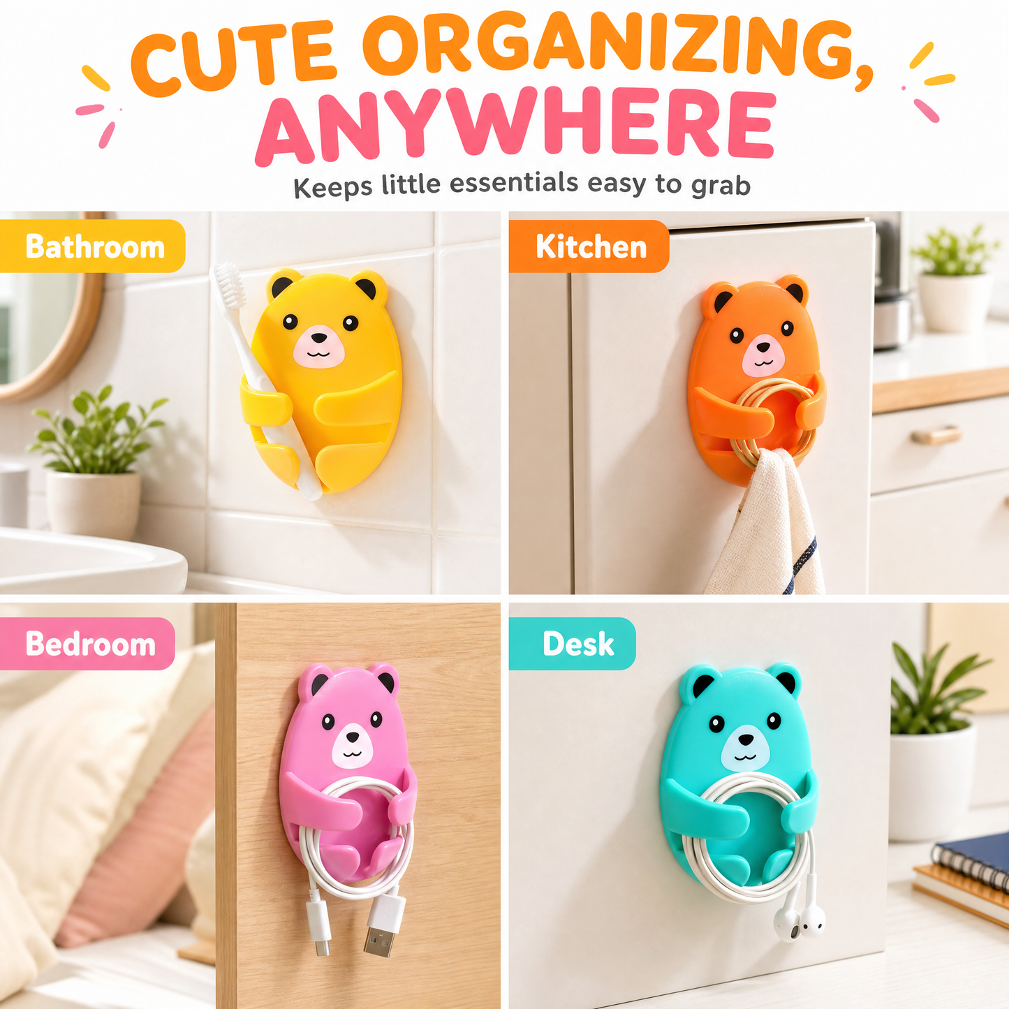4-Piece Bear-Shaped Wall-Mounted Plug Hooks – Multipurpose Adhesive Cable Organizers for Home, Kitchen, Office & Bathroom – No-Drill Space-Saving Hangers
