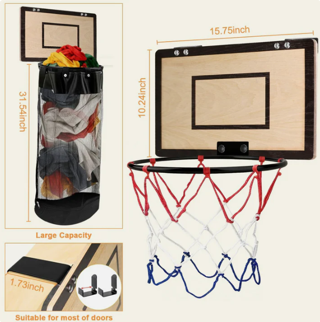 Wooden Basketball Hoop Laundry Basket - Hanging Over-The-Door Clothes Organizer & Interactive Sports Room Decor