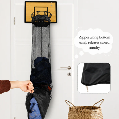 Wooden Basketball Hoop Laundry Basket - Hanging Over-The-Door Clothes Organizer & Interactive Sports Room Decor
