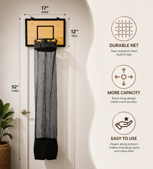 Wooden Basketball Hoop Laundry Basket - Hanging Over-The-Door Clothes Organizer & Interactive Sports Room Decor