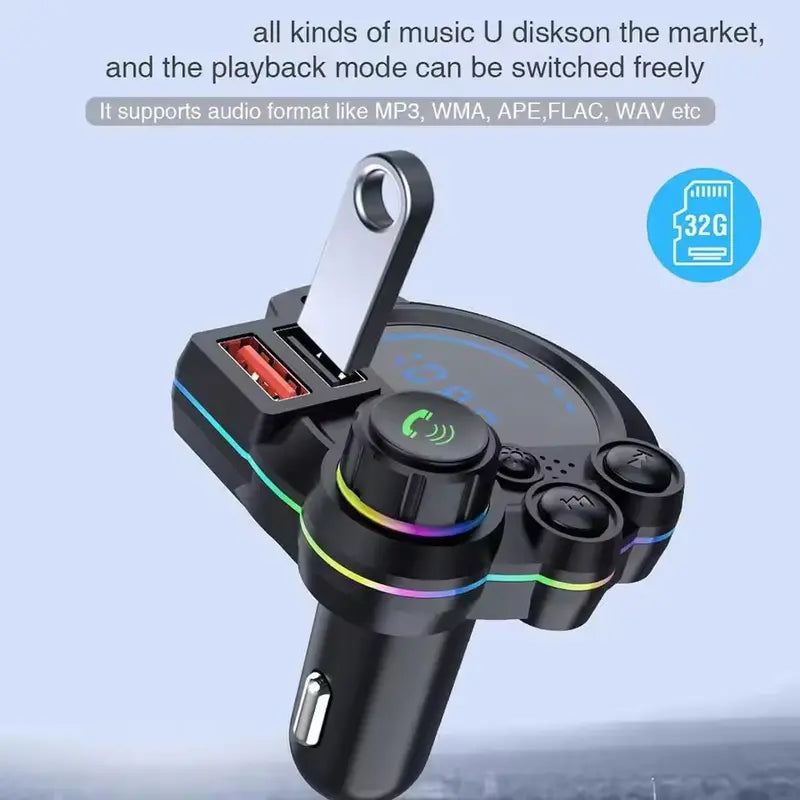 30W PD Type-C Car Charger & Bluetooth 5.3 FM Transmitter – Wireless MP3 Player with Bass Enhancer, RGB Lights & Hands-Free Calling – Universal 12V-24V Adapter