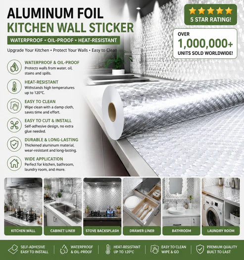Peel & Stick Aluminum Foil Contact Paper – Waterproof, Oil-Proof, Heat-Resistant Kitchen Wallpaper (40cm × 3m)