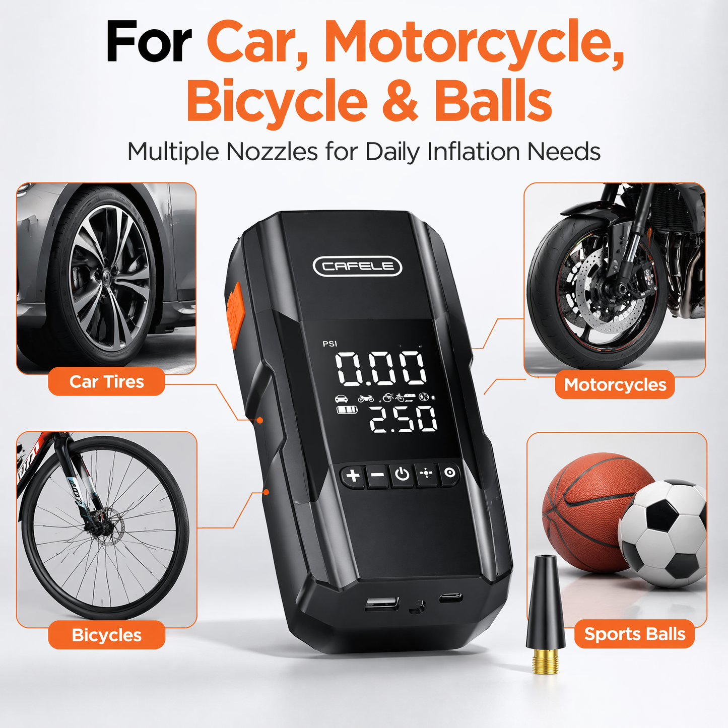 Portable Smart Tire Inflator with Emergency LED Light & USB Power – Multi-Function Air Compressor for Car, Motorcycle, & Bicycle Emergency Use