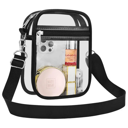 Stadium Approved Clear Crossbody Bag with Adjustable Shoulder Strap - Large 11LBS Capacity Transparent Tote for Events & Travel - Features Multiple Interior Compartments Secure Zipper Closure Mesh Side Bottle Pockets Sturdy Handles