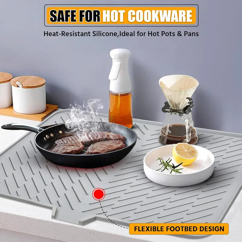 Large Silicone Dish Drying Mat – Built-in Drain Lip for Sink-Side Drainage – Heat-Resistant & Non-Slip Kitchen Countertop Organizer for Dishes