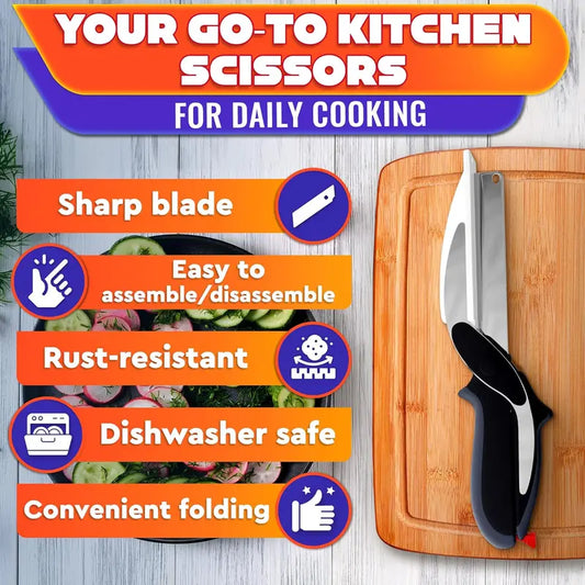 2-in-1 Clever Kitchen Scissors with Integrated Cutting Board – Quick Vegetable & Meat Chopping Tool for Easy Meal Prep