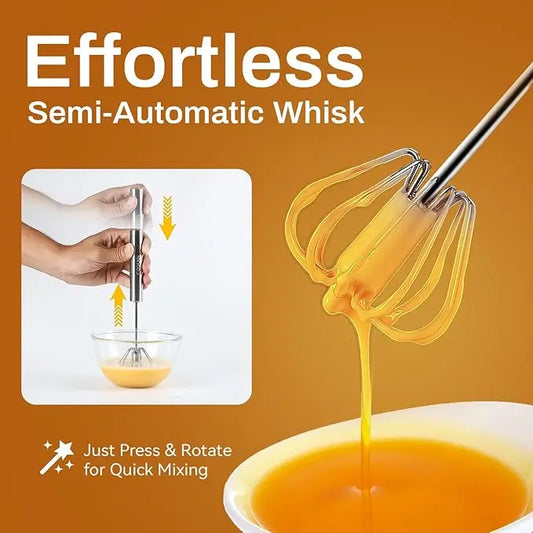 Stainless Steel Semi-Automatic Whisk – Hand-Push Rotary Blender for Eggs, Milk & Batter – Professional Kitchen Stirring Tool & Utensil