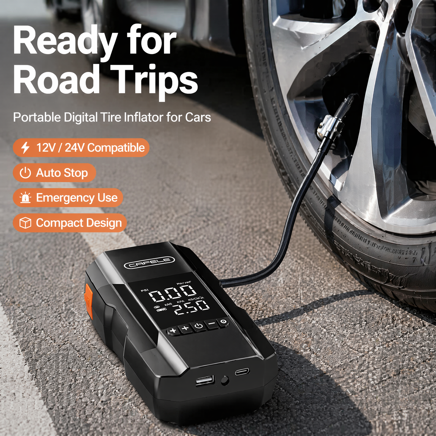 Portable Smart Tire Inflator with Emergency LED Light & USB Power – Multi-Function Air Compressor for Car, Motorcycle, & Bicycle Emergency Use