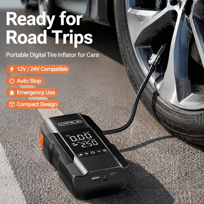 Portable Smart Tire Inflator with Emergency LED Light & USB Power – Multi-Function Air Compressor for Car, Motorcycle, & Bicycle Emergency Use