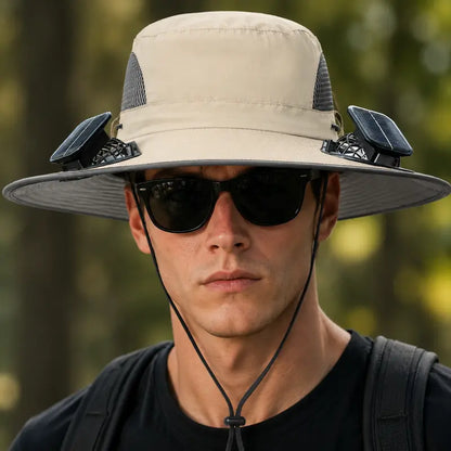 Solar-Powered Cooling Fan Bucket Hat – Dual-Power Rechargeable Sun Protection Hat for Golf, Hiking & Outdoor Events – Lightweight & Water-Resistant Unisex Design