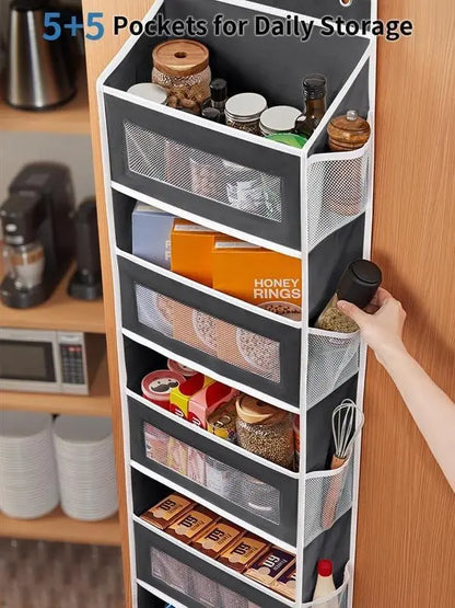 5+5 No-Drill Over-the-Door Hanging Organizer – Large Capacity Storage with Main & Side Pockets – Space-Saving Essential for Nursery, Bedroom & Bathroom