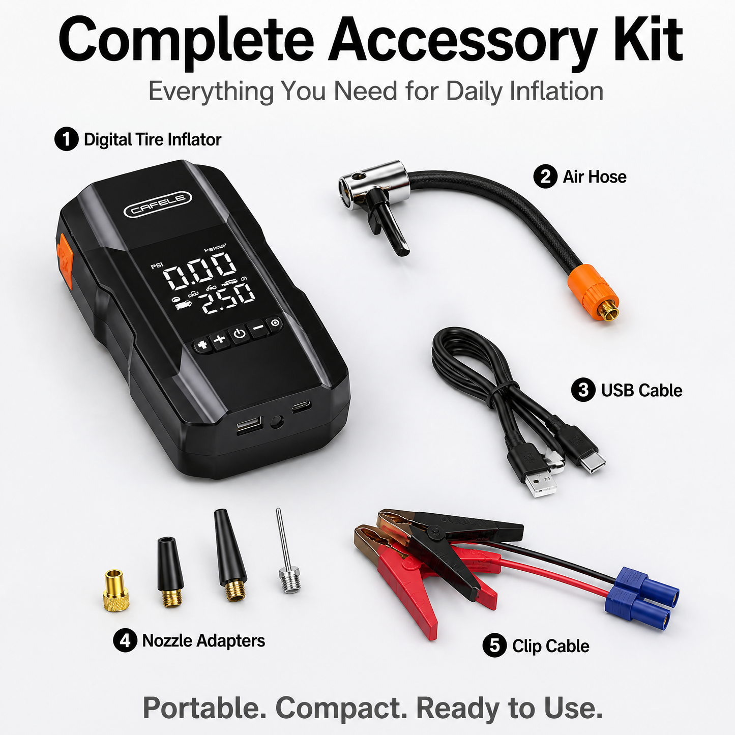 Portable Smart Tire Inflator with Emergency LED Light & USB Power – Multi-Function Air Compressor for Car, Motorcycle, & Bicycle Emergency Use
