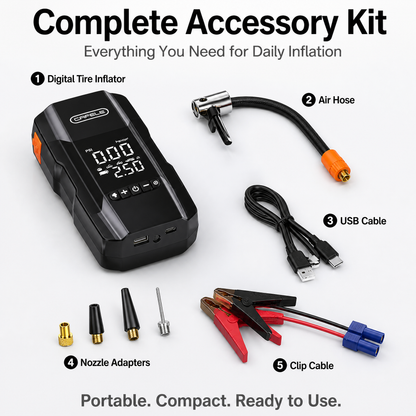 Portable Smart Tire Inflator with Emergency LED Light & USB Power – Multi-Function Air Compressor for Car, Motorcycle, & Bicycle Emergency Use