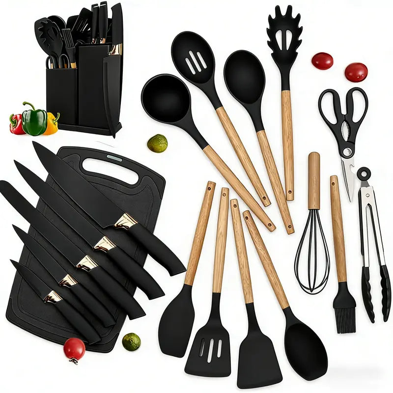 19-Piece Heat-Resistant Silicone & Wood Handle Utensil Set – Non-Stick Friendly Kitchen Tool Collection for Cooking, Baking & Serving – Essential Home Kitchenware