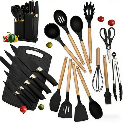 19-Piece Heat-Resistant Silicone & Wood Handle Utensil Set – Non-Stick Friendly Kitchen Tool Collection for Cooking, Baking & Serving – Essential Home Kitchenware