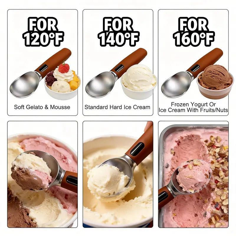Heated Ice Cream Scoop with LED Temperature Display – 3 Heat Levels (120/140/160°F), IPX7 Waterproof & Rechargeable – Perfect Tool for Hard Ice Cream