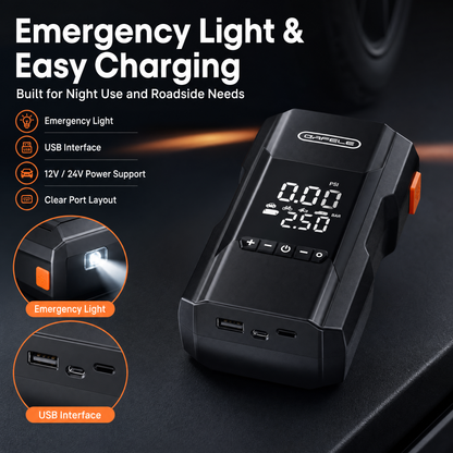Portable Smart Tire Inflator with Emergency LED Light & USB Power – Multi-Function Air Compressor for Car, Motorcycle, & Bicycle Emergency Use