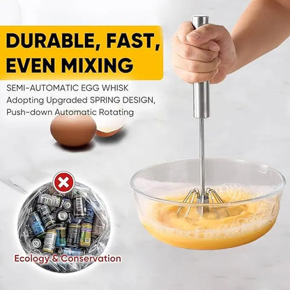 Stainless Steel Semi-Automatic Whisk – Hand-Push Rotary Blender for Eggs, Milk & Batter – Professional Kitchen Stirring Tool & Utensil
