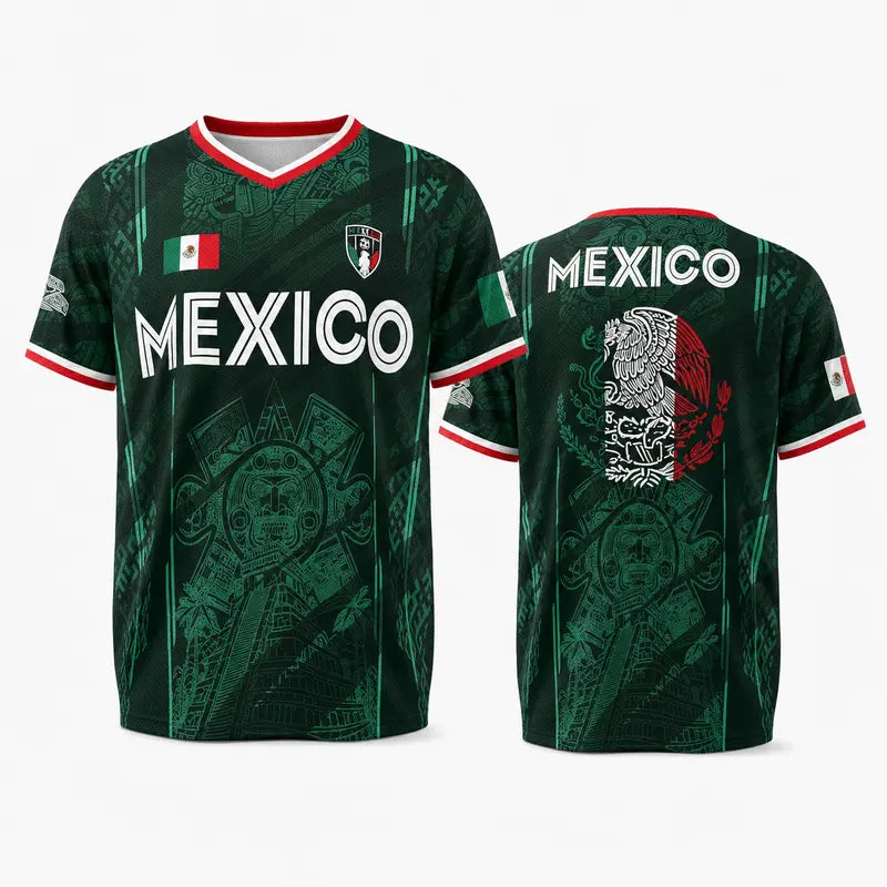 2026 Mexico Soccer Jersey – Chichén Itzá Pyramid Graphic Retro Top – All-Over Print Casual Sportswear for All Seasons