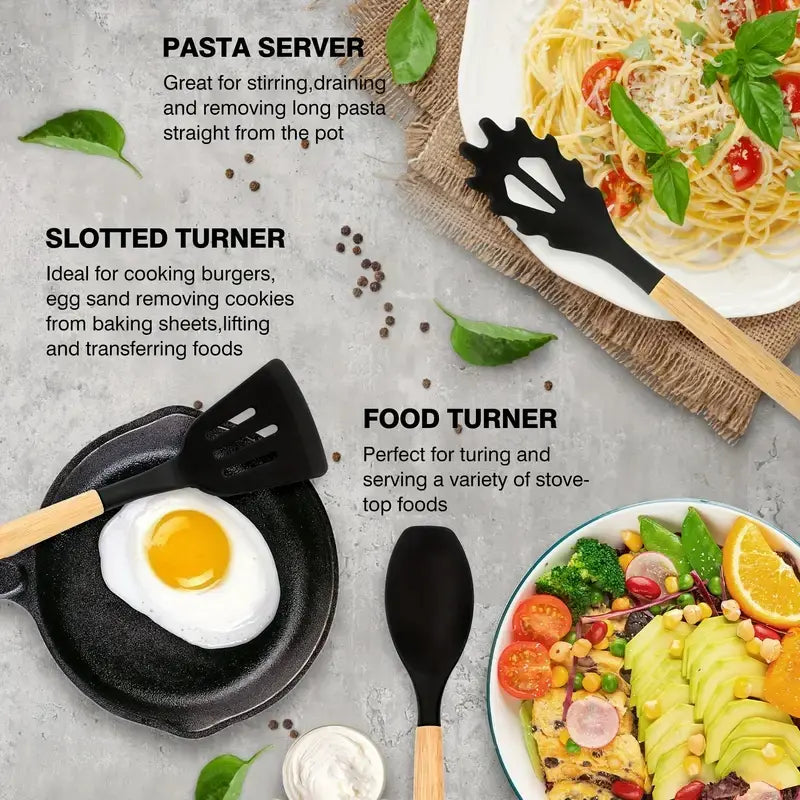 19-Piece Heat-Resistant Silicone & Wood Handle Utensil Set – Non-Stick Friendly Kitchen Tool Collection for Cooking, Baking & Serving – Essential Home Kitchenware