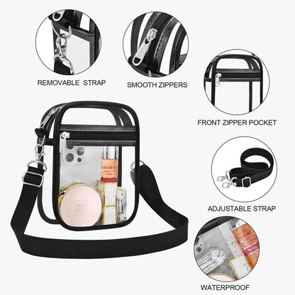 Stadium Approved Clear Crossbody Bag with Adjustable Shoulder Strap - Large 11LBS Capacity Transparent Tote for Events & Travel - Features Multiple Interior Compartments Secure Zipper Closure Mesh Side Bottle Pockets Sturdy Handles