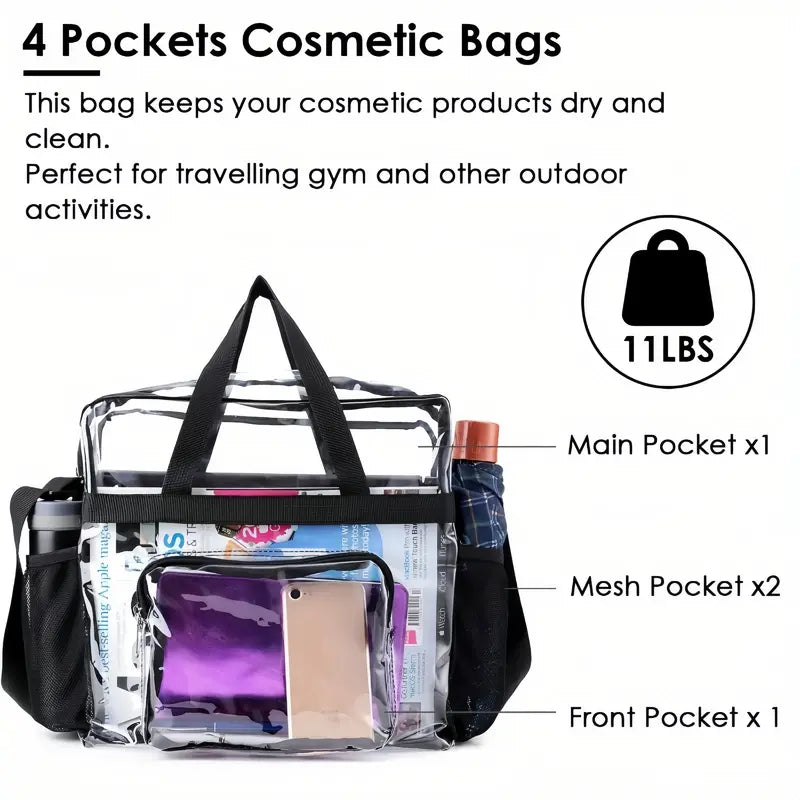 Stadium Approved Clear Crossbody Bag with Adjustable Shoulder Strap - Large 11LBS Capacity Transparent Tote for Events & Travel - Features Multiple Interior Compartments Secure Zipper Closure Mesh Side Bottle Pockets Sturdy Handles