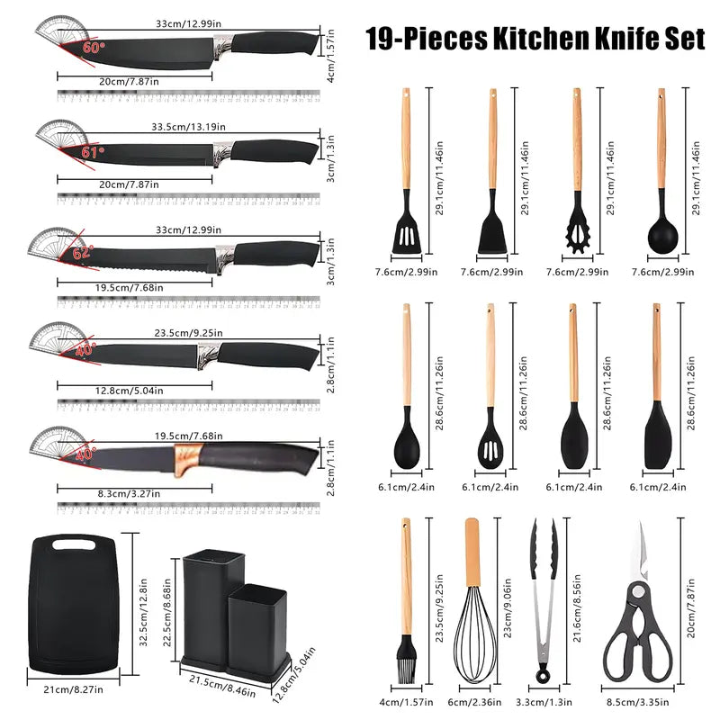 19-Piece Heat-Resistant Silicone & Wood Handle Utensil Set – Non-Stick Friendly Kitchen Tool Collection for Cooking, Baking & Serving – Essential Home Kitchenware