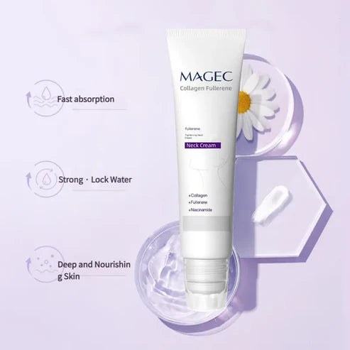 MAGEC Collagen Fullerene Tightening Neck Cream – 5-Roller Applicator, Hyaluronic Acid, Retinol & Niacinamide | Firms, Brightens & Reduces Wrinkles