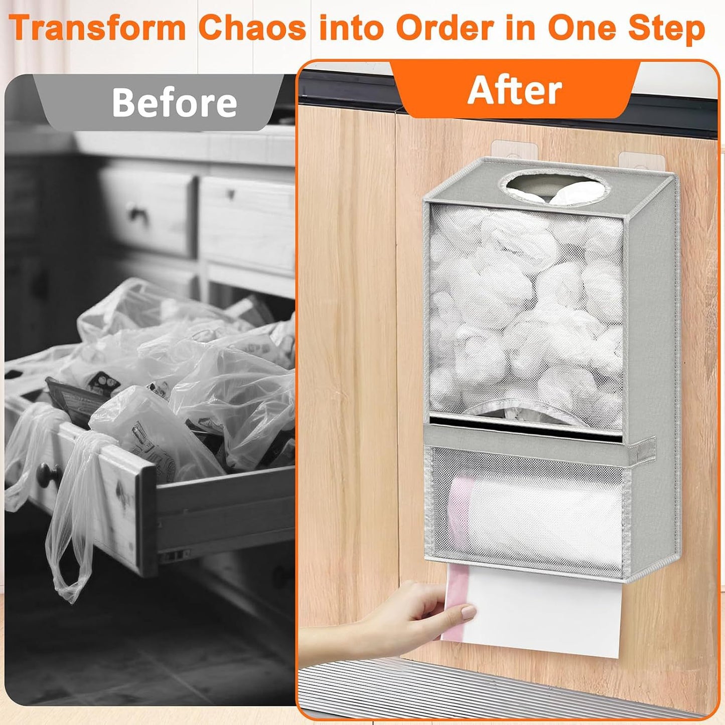 Wall-Mounted Plastic Bag Storage Organizer – Drill-Free Dispenser for Kitchen Trash Bags, Food Preservation Bags & Grocery Bag Organization