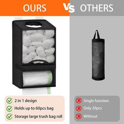 Wall-Mounted Plastic Bag Storage Organizer – Drill-Free Dispenser for Kitchen Trash Bags, Food Preservation Bags & Grocery Bag Organization