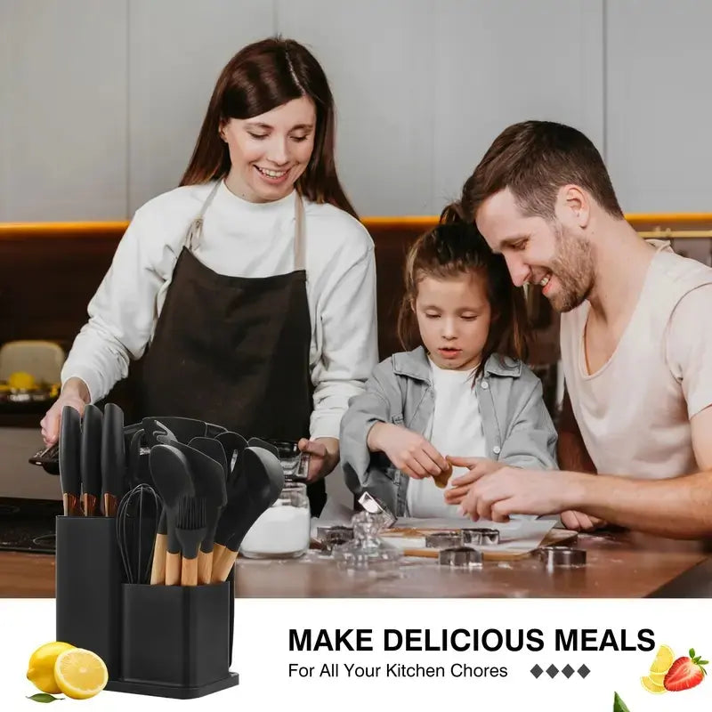19-Piece Heat-Resistant Silicone & Wood Handle Utensil Set – Non-Stick Friendly Kitchen Tool Collection for Cooking, Baking & Serving – Essential Home Kitchenware