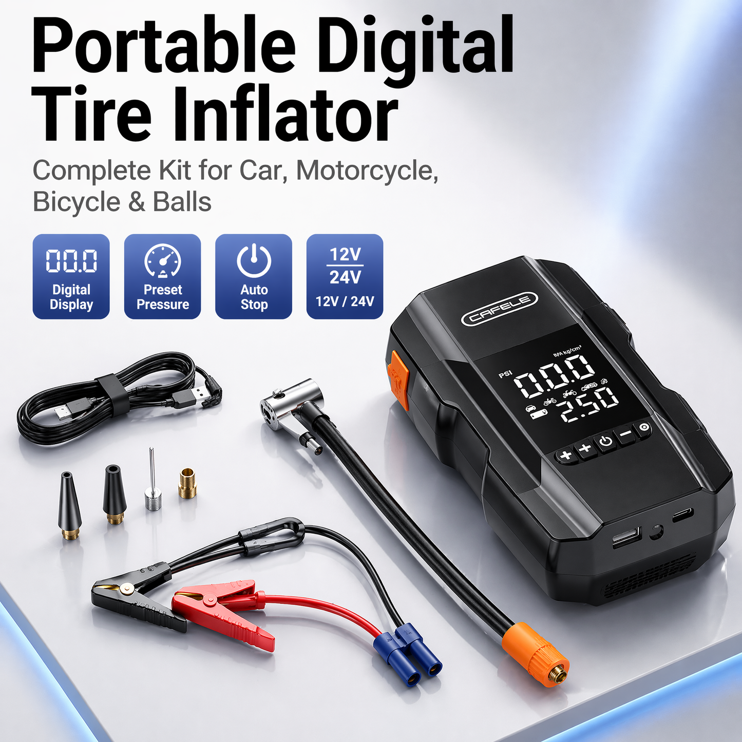 Portable Smart Tire Inflator with Emergency LED Light & USB Power – Multi-Function Air Compressor for Car, Motorcycle, & Bicycle Emergency Use