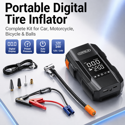 Portable Smart Tire Inflator with Emergency LED Light & USB Power – Multi-Function Air Compressor for Car, Motorcycle, & Bicycle Emergency Use
