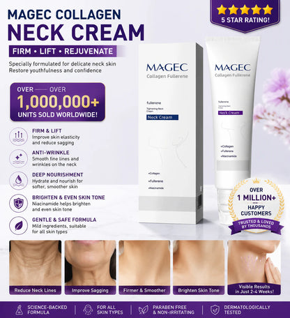 MAGEC Collagen Fullerene Tightening Neck Cream – 5-Roller Applicator, Hyaluronic Acid, Retinol & Niacinamide | Firms, Brightens & Reduces Wrinkles