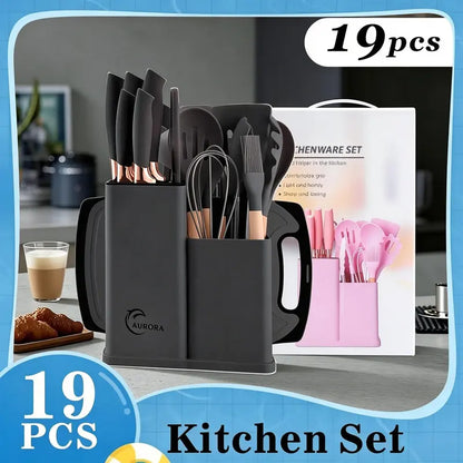 19-Piece Heat-Resistant Silicone & Wood Handle Utensil Set – Non-Stick Friendly Kitchen Tool Collection for Cooking, Baking & Serving – Essential Home Kitchenware