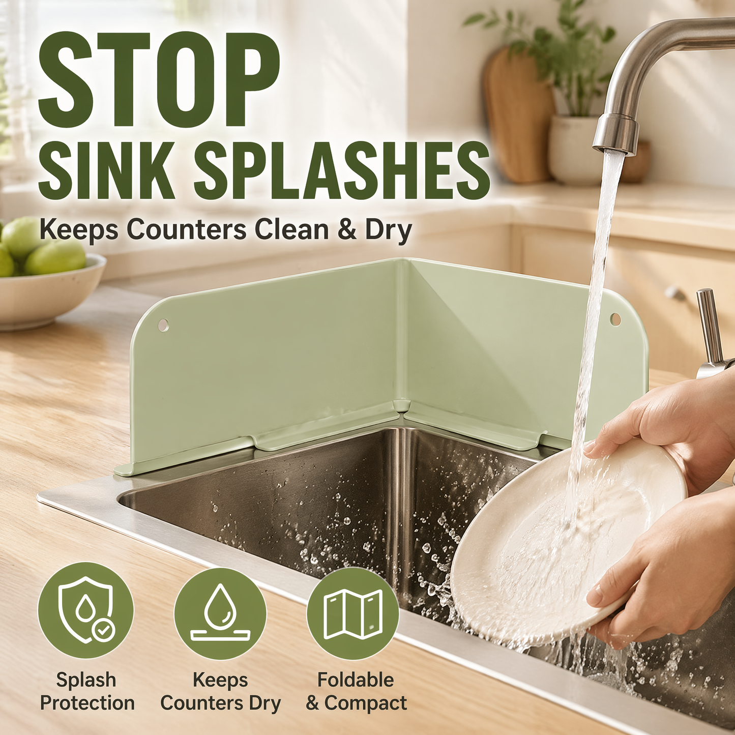 Foldable Silicone Sink Splash Guard – Suction Cup Countertop Water Barrier