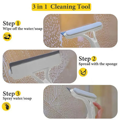 3-in-1 Glass Cleaner Squeegee – Spray, Scrub & Wipe Cleaning Tool for Home Windows, Mirrors & Car Windscreens – All-in-One Efficient Glass Care